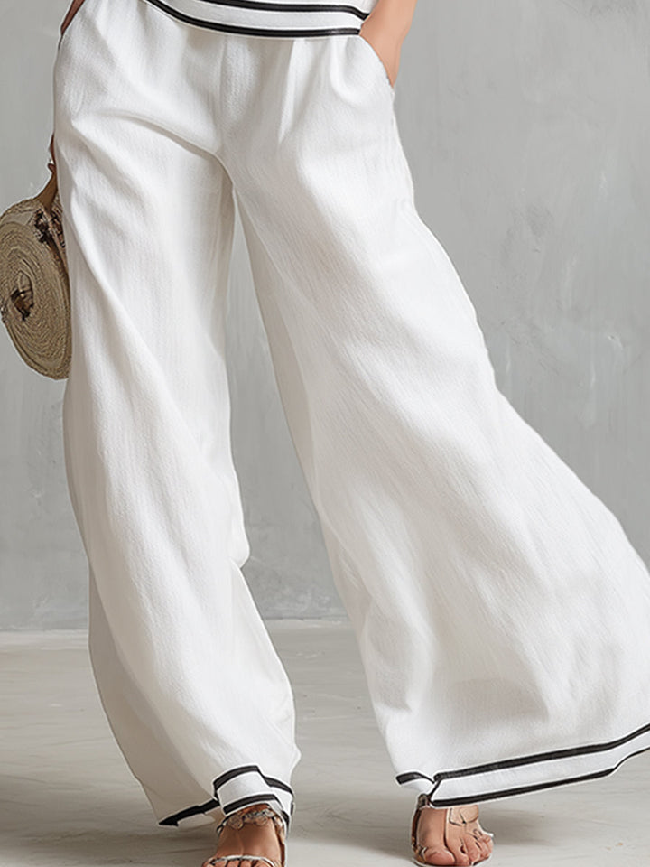 Elegant Minimalist Trimmed White Cotton Linen Halter Neck Top And Wide-leg Pants Set