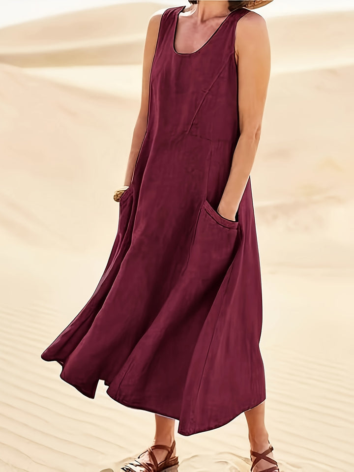 Women's Sleeveless A-Line Dress with Pockets, Mid-Length Loose Fit