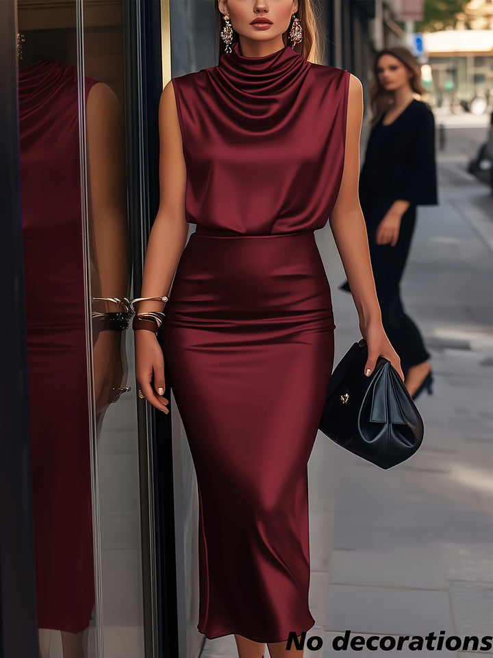 Satin Draped Collar Sleeveless Top & Slim-Fit Skirt Set