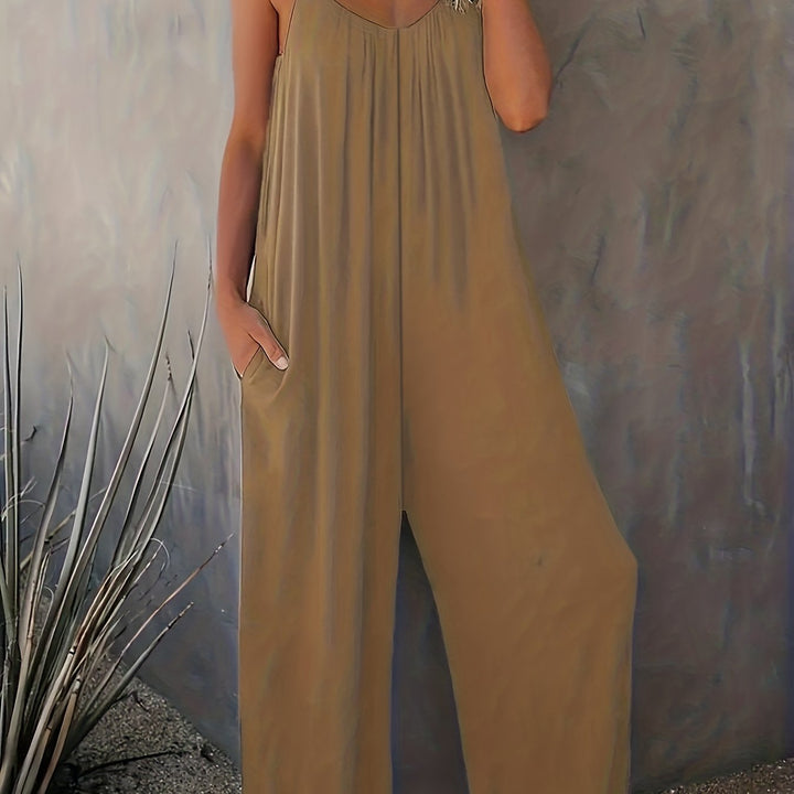 Plus Size Basic Jumpsuit, Women's Plus Solid V Neck Wide Leg Summer Cami Jumpsuit