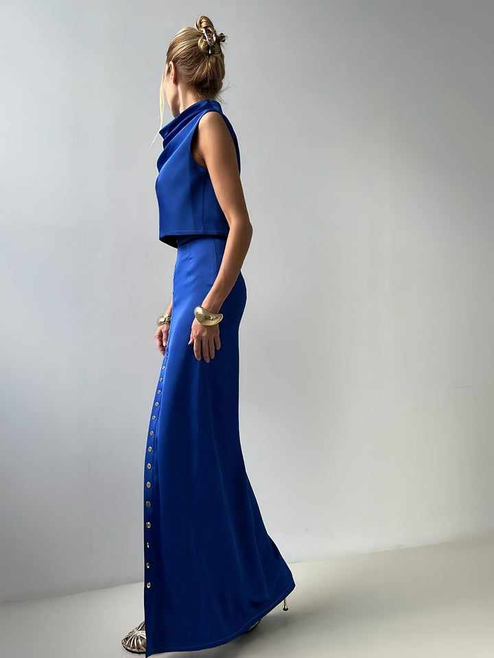 Blue Satin Ruffled Collar Dress Set with Metal Buttons