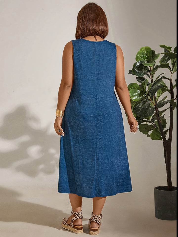 Women's Elegant Sleeveless Blue Maxi Dress with Pockets