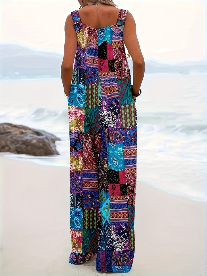 Women’s Boho Chic Blend Jumpsuit with Pockets - Tropical Print Wide Leg Overalls