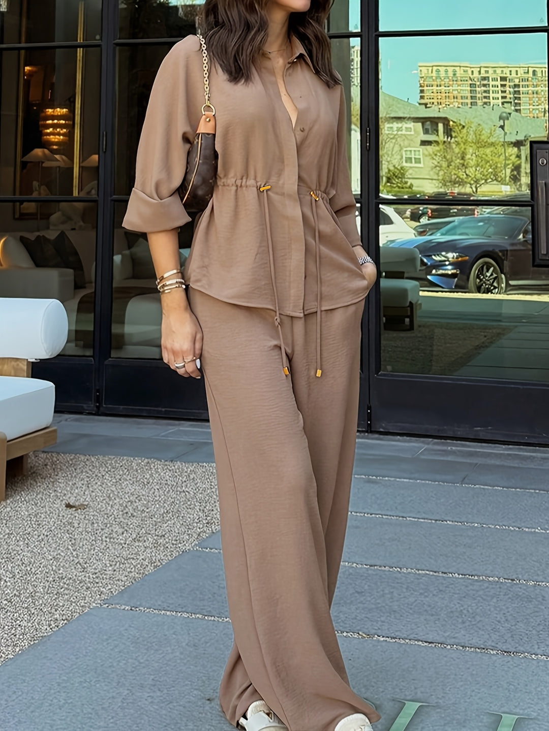 Women's Casual Button Shirt & Wide Leg Pants Set