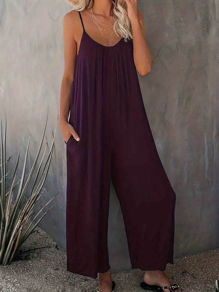 Plus Size Basic Jumpsuit, Women's Plus Solid V Neck Wide Leg Summer Cami Jumpsuit