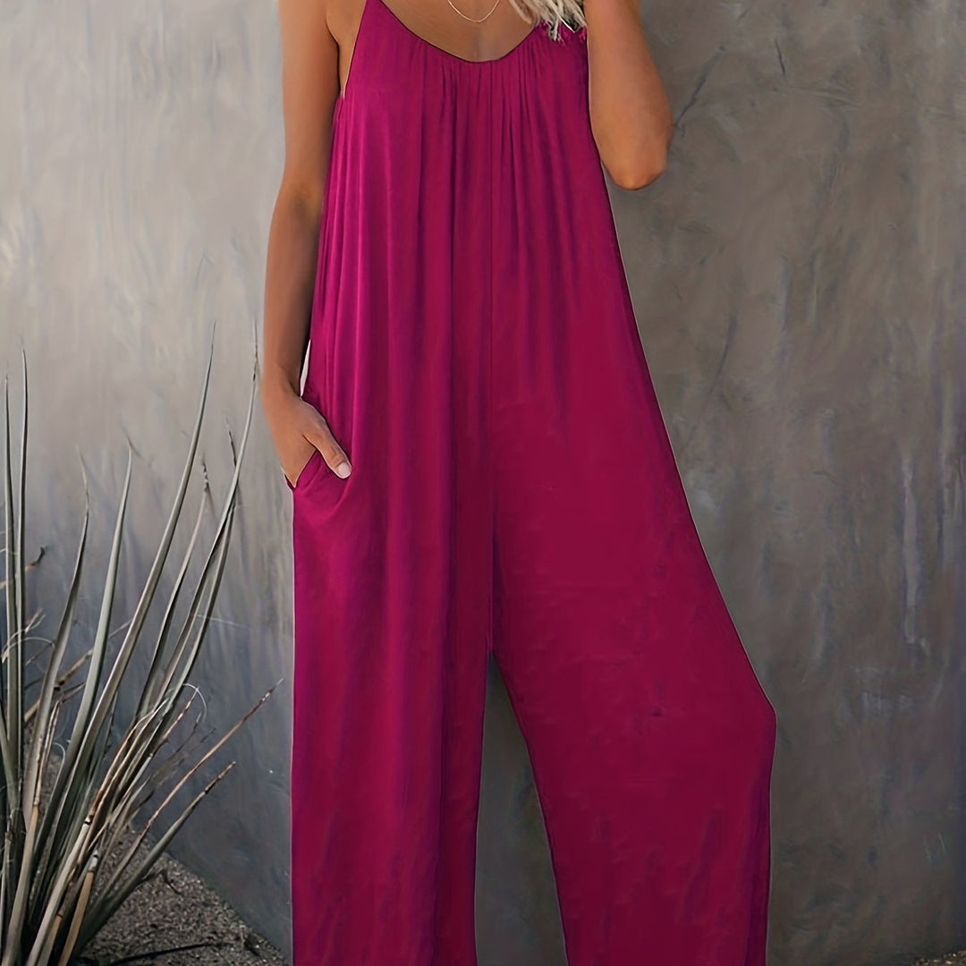 Plus Size Basic Jumpsuit, Women's Plus Solid V Neck Wide Leg Summer Cami Jumpsuit