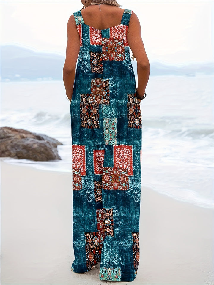 Women’s Boho Chic Blend Jumpsuit with Pockets - Tropical Print Wide Leg Overalls