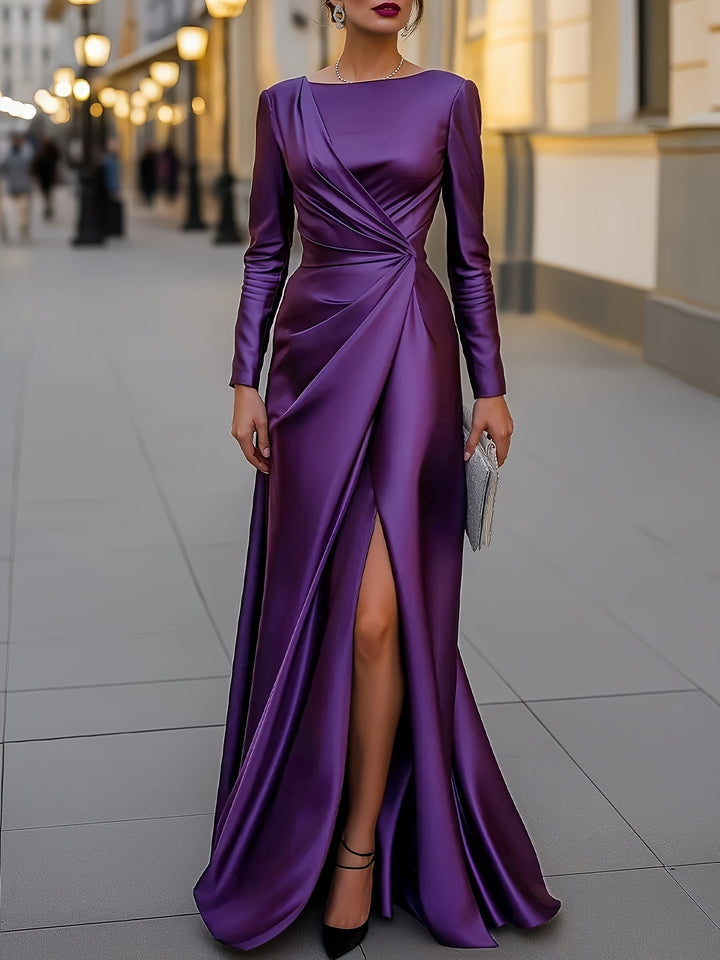 Satin Asymmetrical Slit Pleated Evening Gown