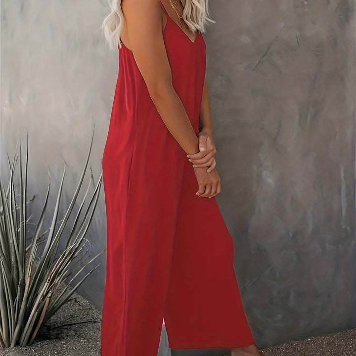 Plus Size Basic Jumpsuit, Women's Plus Solid V Neck Wide Leg Summer Cami Jumpsuit