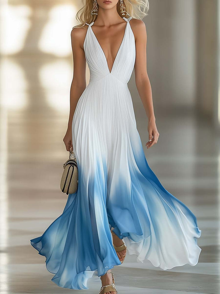 Flowing V-Neck Pleated Chiffon Maxi Dress
