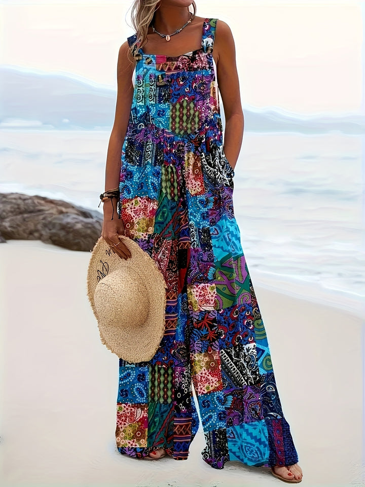 Women’s Boho Chic Blend Jumpsuit with Pockets - Tropical Print Wide Leg Overalls