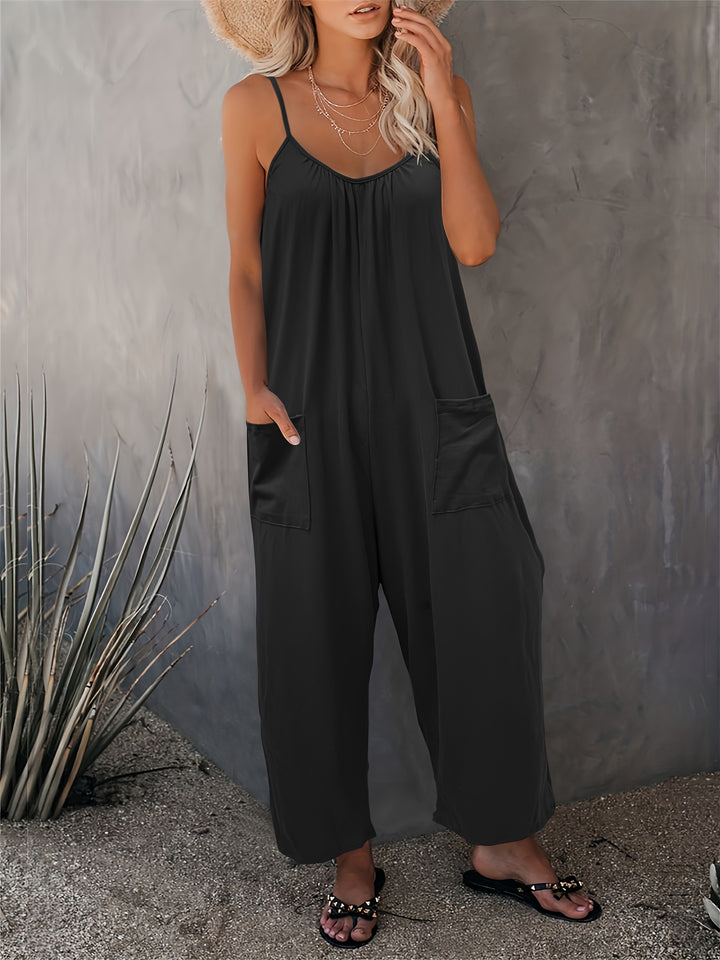 Western-Style Casual Strappy Jumpsuit with Chest Pleats and Patch Pockets