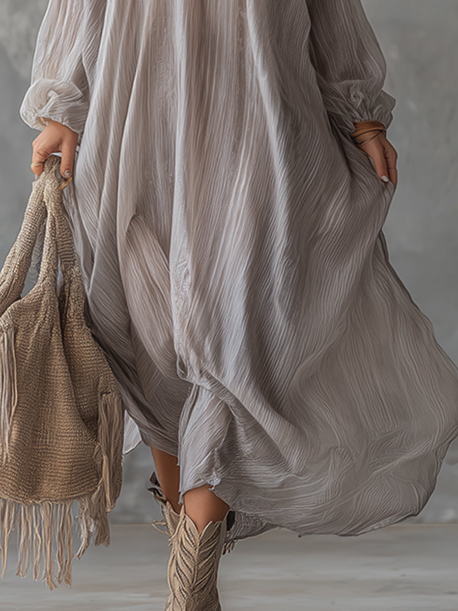 Elegant V-neck Light Gray Crinkled Chiffon Maxi Dress