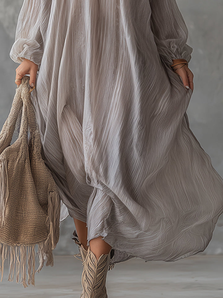 Elegant V-neck Light Gray Crinkled Chiffon Maxi Dress