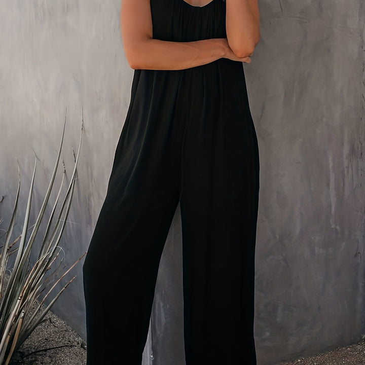 Women’s Sleeveless Jumpsuit with Pockets - Casual Polyester Knit Fabric, V-Neck