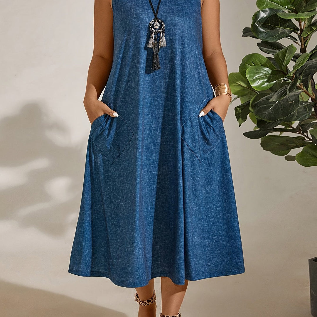 Women's Elegant Sleeveless Blue Maxi Dress with Pockets