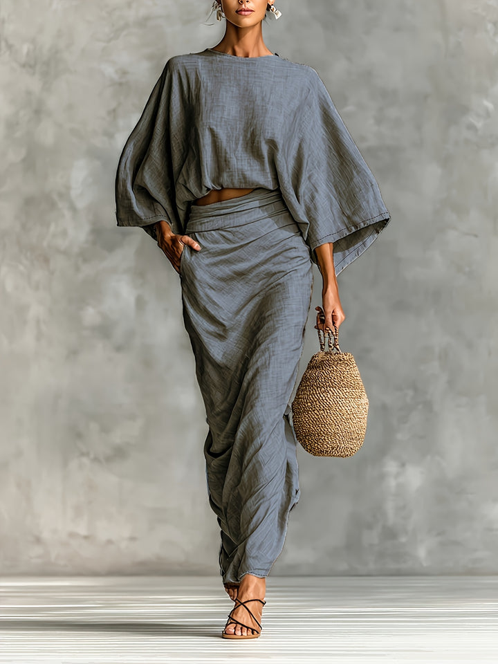 Women's Bat Sleeve Crop Top & Midi Skirt Set