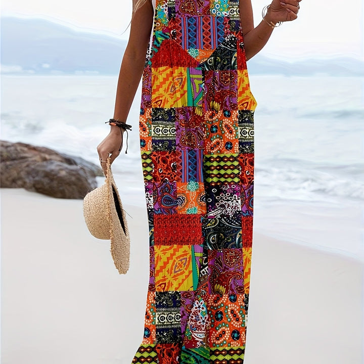 Women’s Boho Chic Blend Jumpsuit with Pockets - Tropical Print Wide Leg Overalls