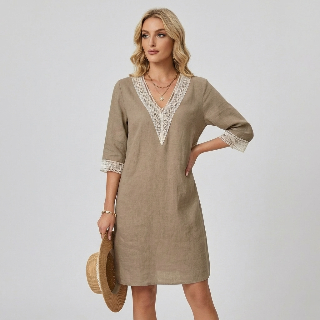 Cotton-Linen Blend V-Neck Mini Dress