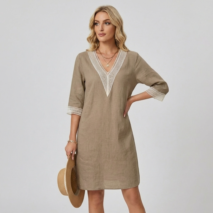 Cotton-Linen Blend V-Neck Mini Dress