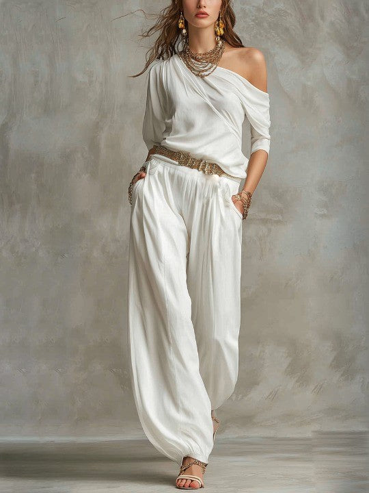 White Casual Off-Shoulder Top and Trousers Set (Includes Belt)