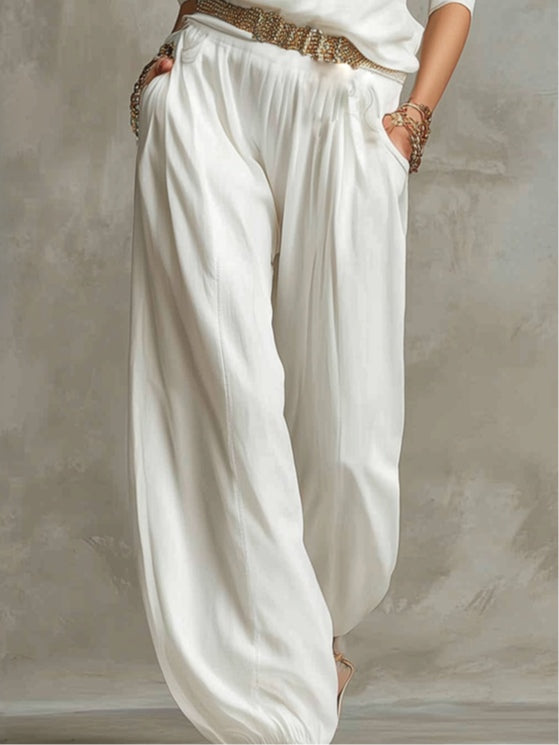 White Casual Off-Shoulder Top and Trousers Set (Includes Belt)
