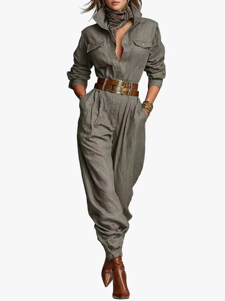 Women's Casual Linen-Blend Jumpsuit with Button Front and Chest Pockets