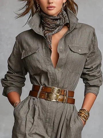 Women's Casual Linen-Blend Jumpsuit with Button Front and Chest Pockets