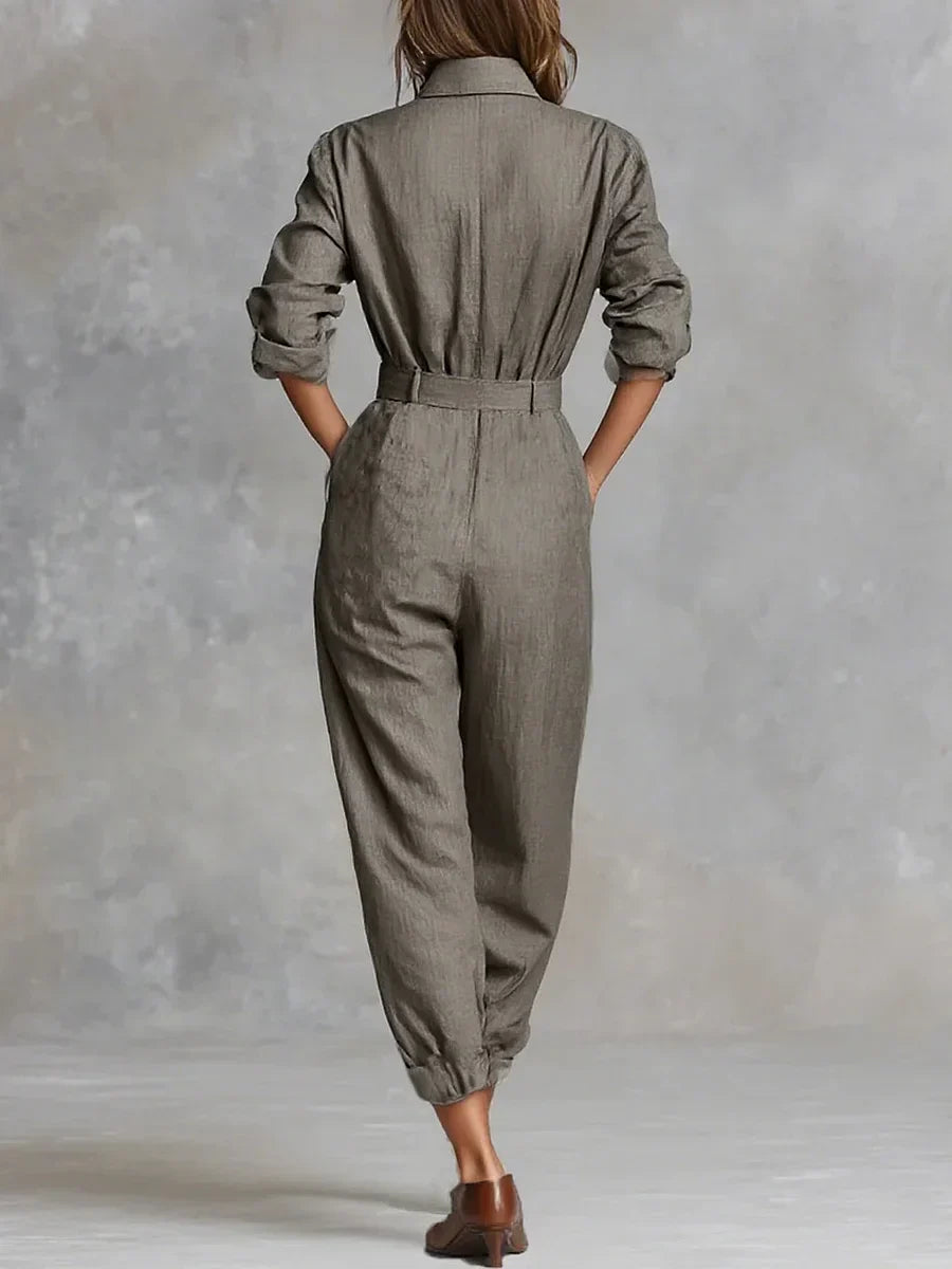 Women's Casual Linen-Blend Jumpsuit with Button Front and Chest Pockets
