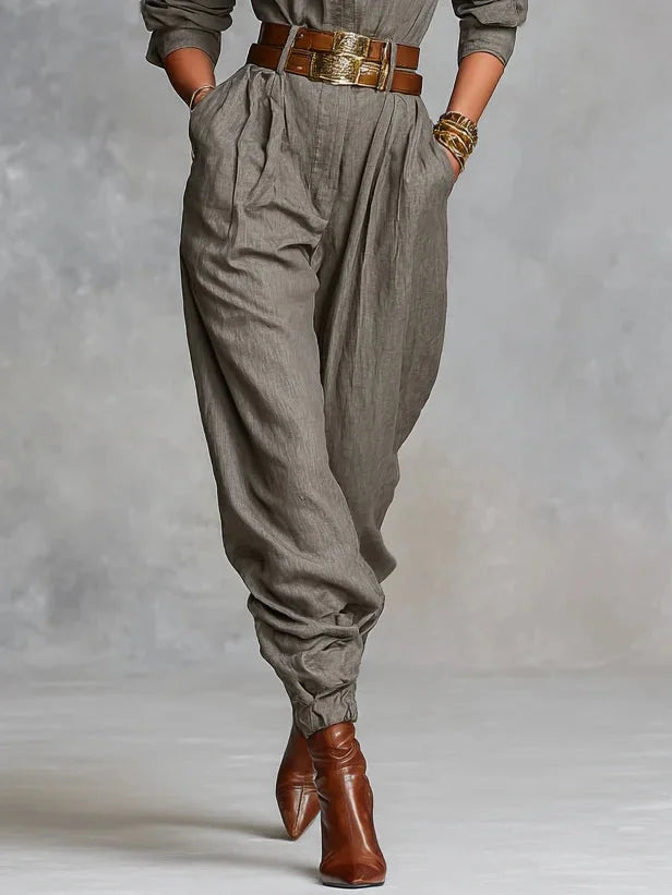 Women's Casual Linen-Blend Jumpsuit with Button Front and Chest Pockets